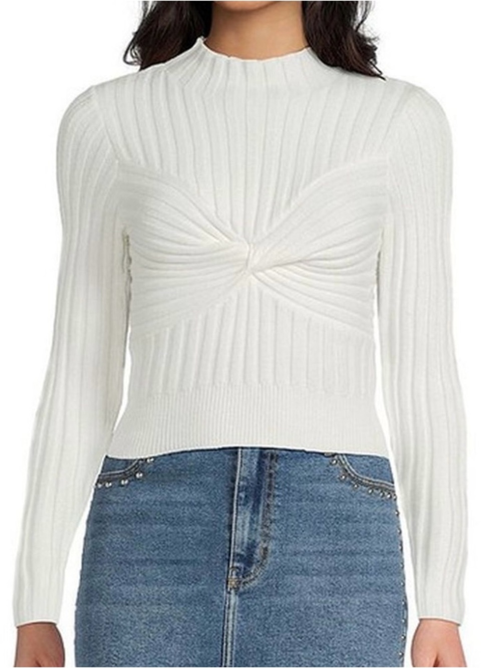 GB girls Cream Ribbed Twist-Front Mock Neck Sweater